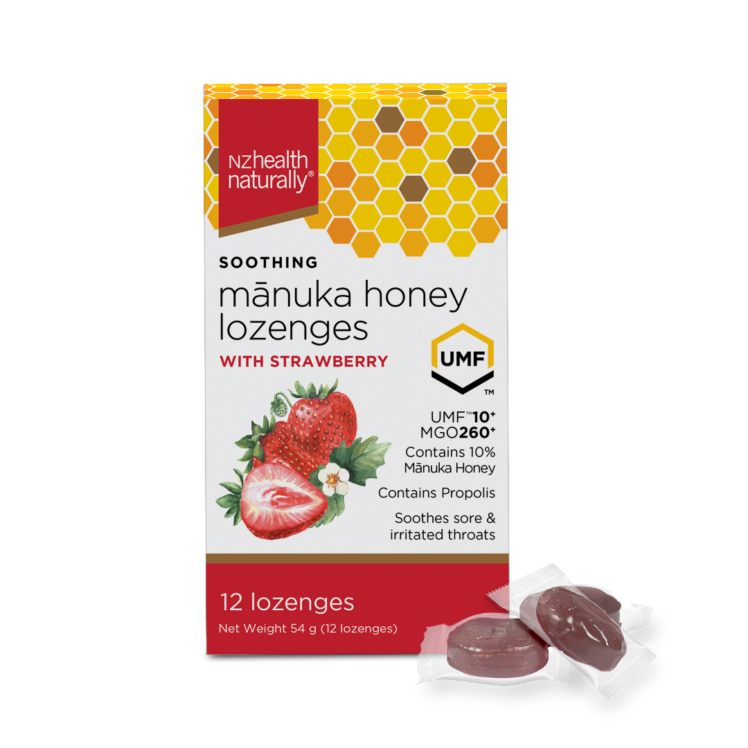 NZ Health UMF 10+ Manuka Honey Kids Lozenges Strawberry - Soothes Sore Throat with Propolis, Natural & Safe - 12s