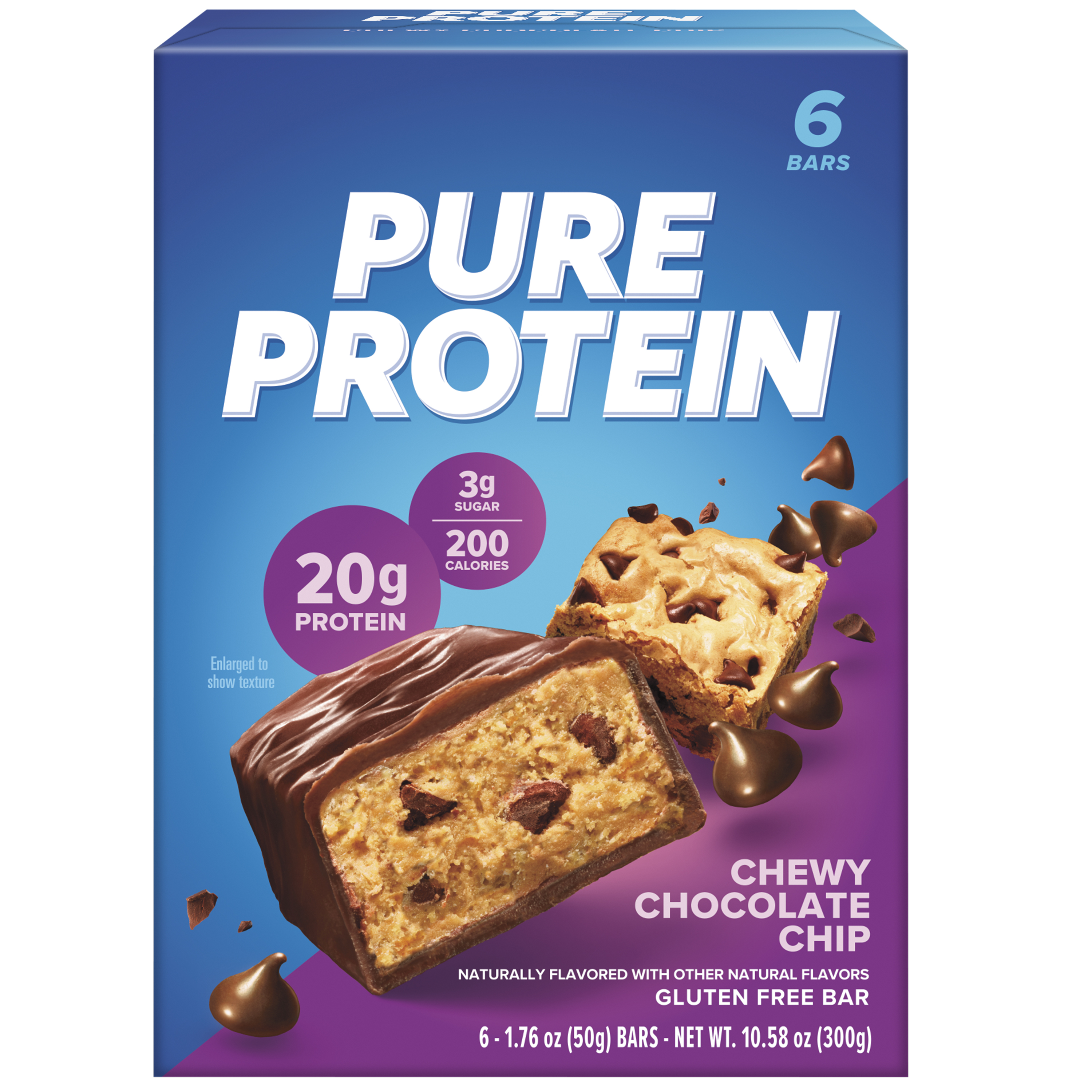 Pure Protein Chewy Chocolate Chip Bars, High Protein, Low Sugar Snack, Gluten-Free, On-the-Go Fuel 50g – Box of 6