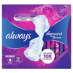 Always Radiant Feminine Pads Size 1, Regular Absorbency, FlexFoam, Unscented – 100% Leak-Free & Odor Control 13s