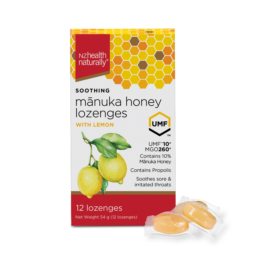 NZ Health UMF 10+ Manuka Honey Lozenges Lemon, Soothing Relief with Propolis, Menthol & Peppermint Oil - 12s