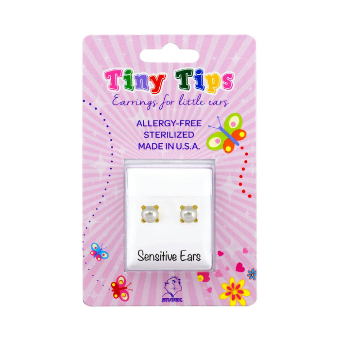 Studex Tiny Tips Gold Plated Tiffany 4mm White Pearl Stud Earrings, Hypoallergenic for Sensitive Ears