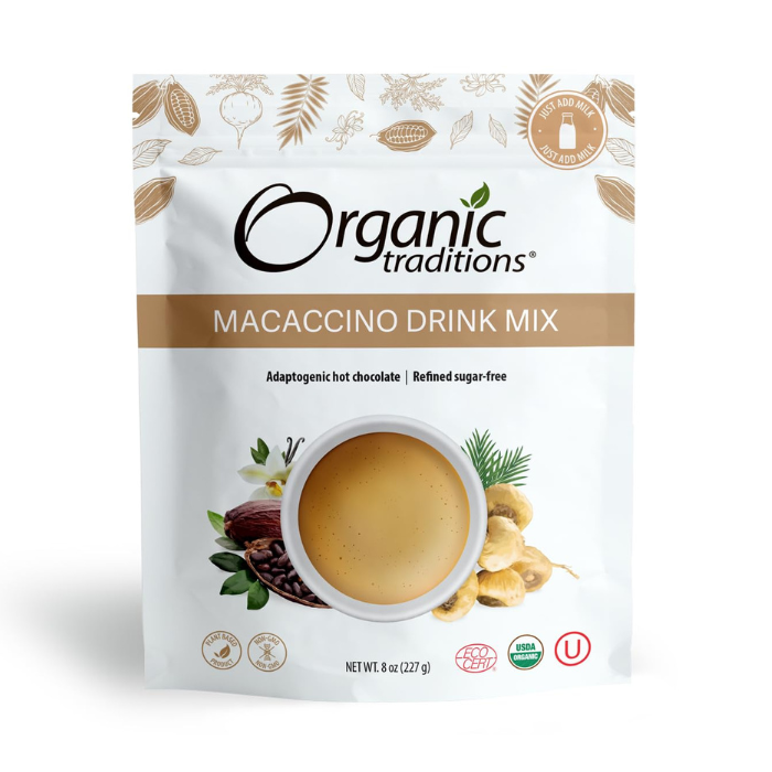 Organic Traditions Macaccino Drink Mix, Energizing Maca-Cacao Blend, Coffee Alternative, Vegan - 227g