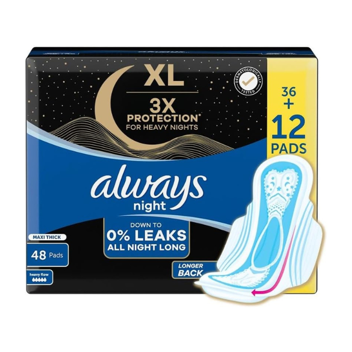 Always XL Night - 3X Protection for Heavy Flow, Maxi Thick, Longer Back, Leak-Free - 48 Sanitary Pads