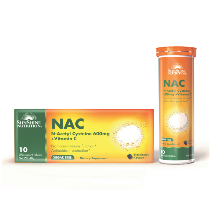 Sunshine Nutrition NAC 600mg with Vitamin C – Immunity & Respiratory Support – 10 Effervescent Tablets