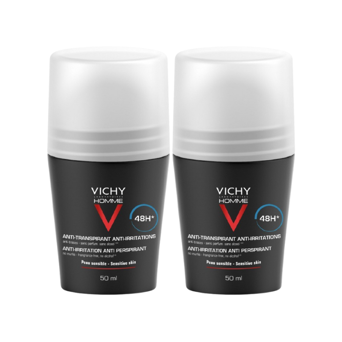 Vichy Deodorant Roll-On Extra Strength Men 50ml, 48H Sweat and Odor Control, Pack of 2