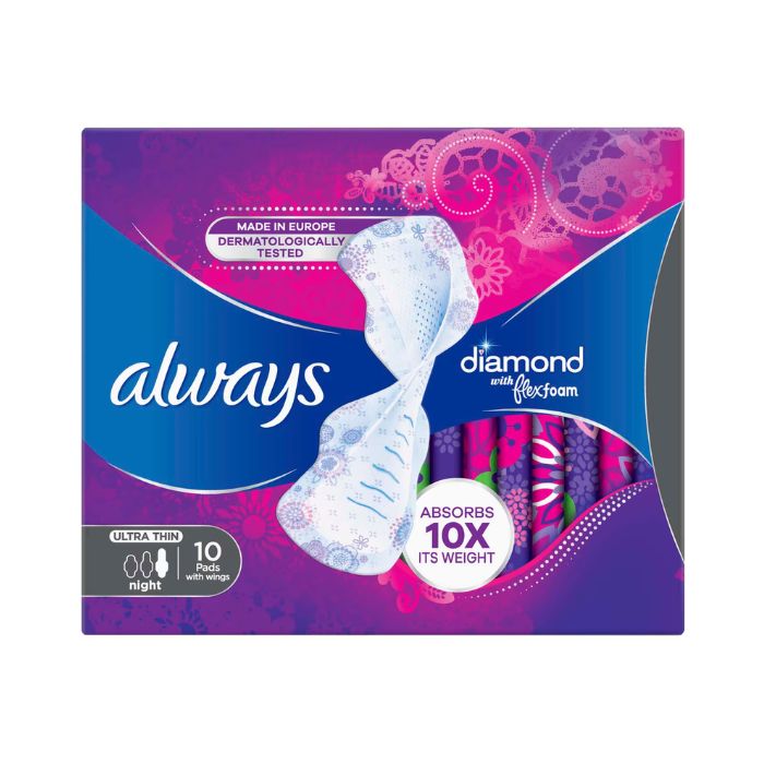 Always Diamond with Flex Foam Ultra Thin Night Pads with Wings, 10s