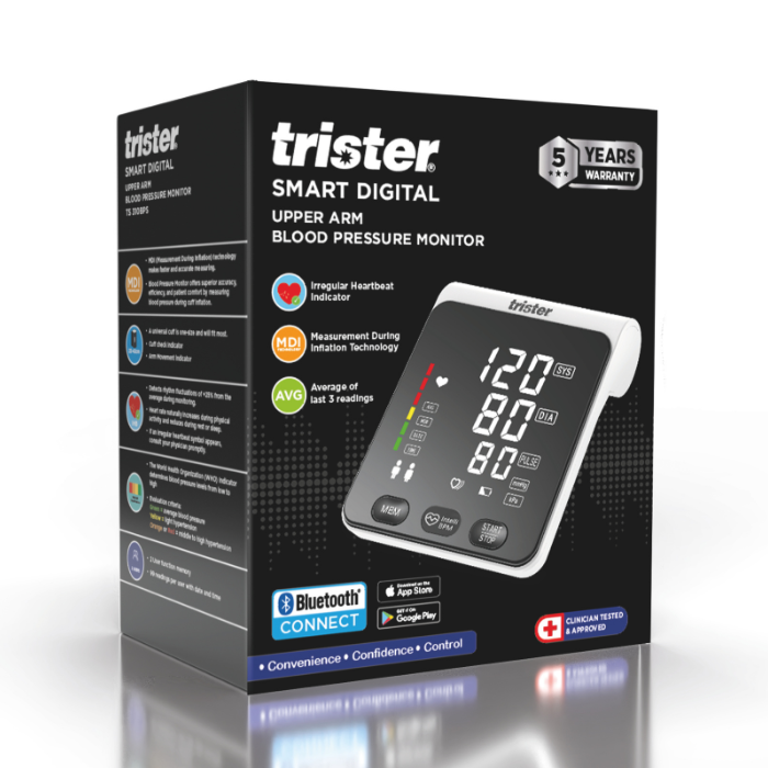 Trister Smart Automatic Upper Arm Blood Pressure Monitor, MDI Technology, Bluetooth and Dual User Memory - TS 310BPS