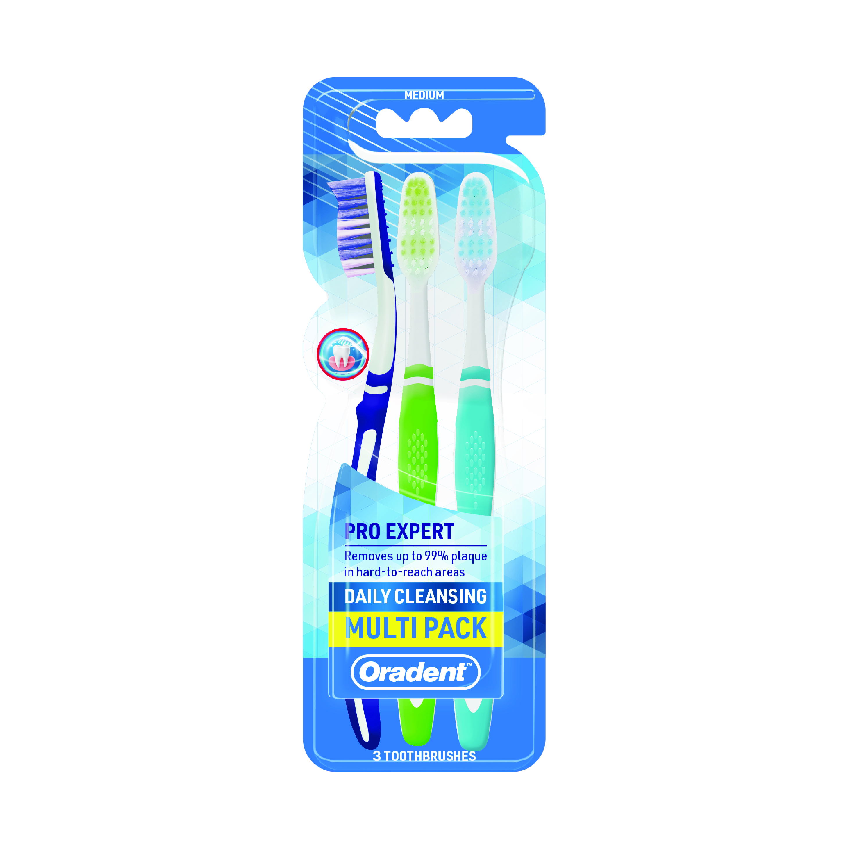 Oradent Daily Cleansing Toothbrush Medium, Complete Oral Care, Tongue Cleaner and Ergonomic Grip, Pack of 3pcs
