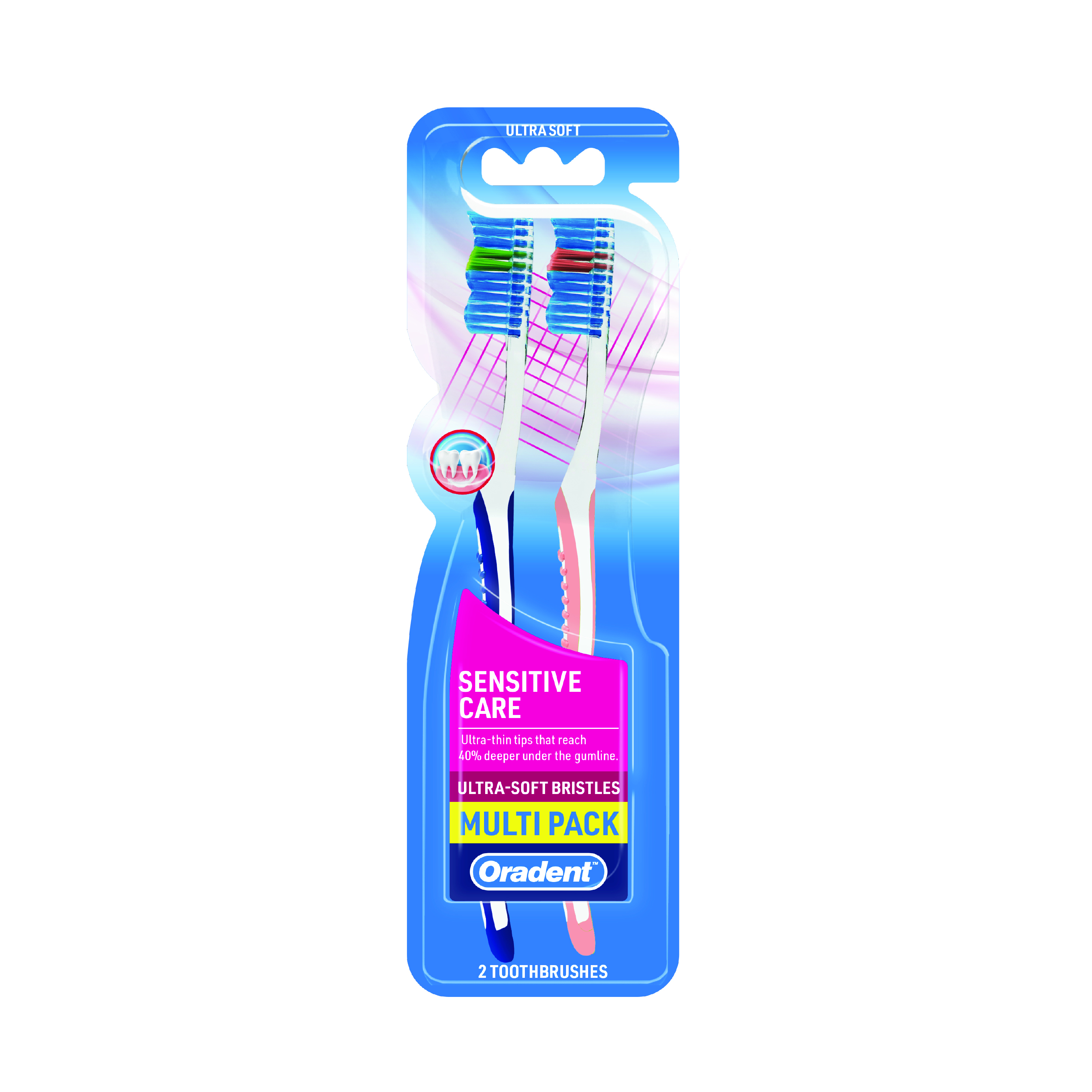 Oradent Sensitive Toothbrush Ultra Soft, Gentle Gum Care and Enamel Protection, Pack of 2pcs