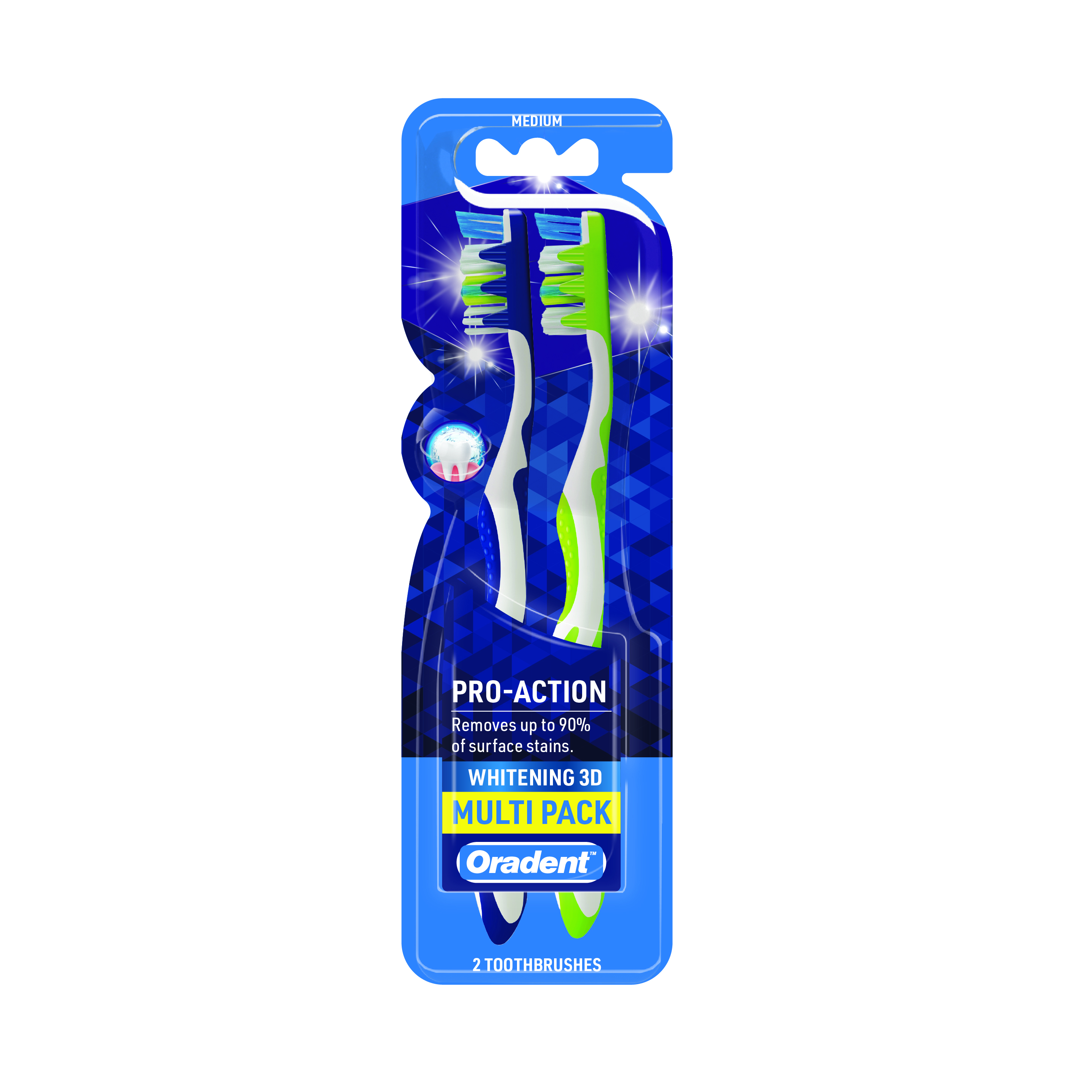 Oradent Pro-Action Whitening 3D Medium Toothbrush, Advanced Plaque and Stain Removal, Pack of 2pcs