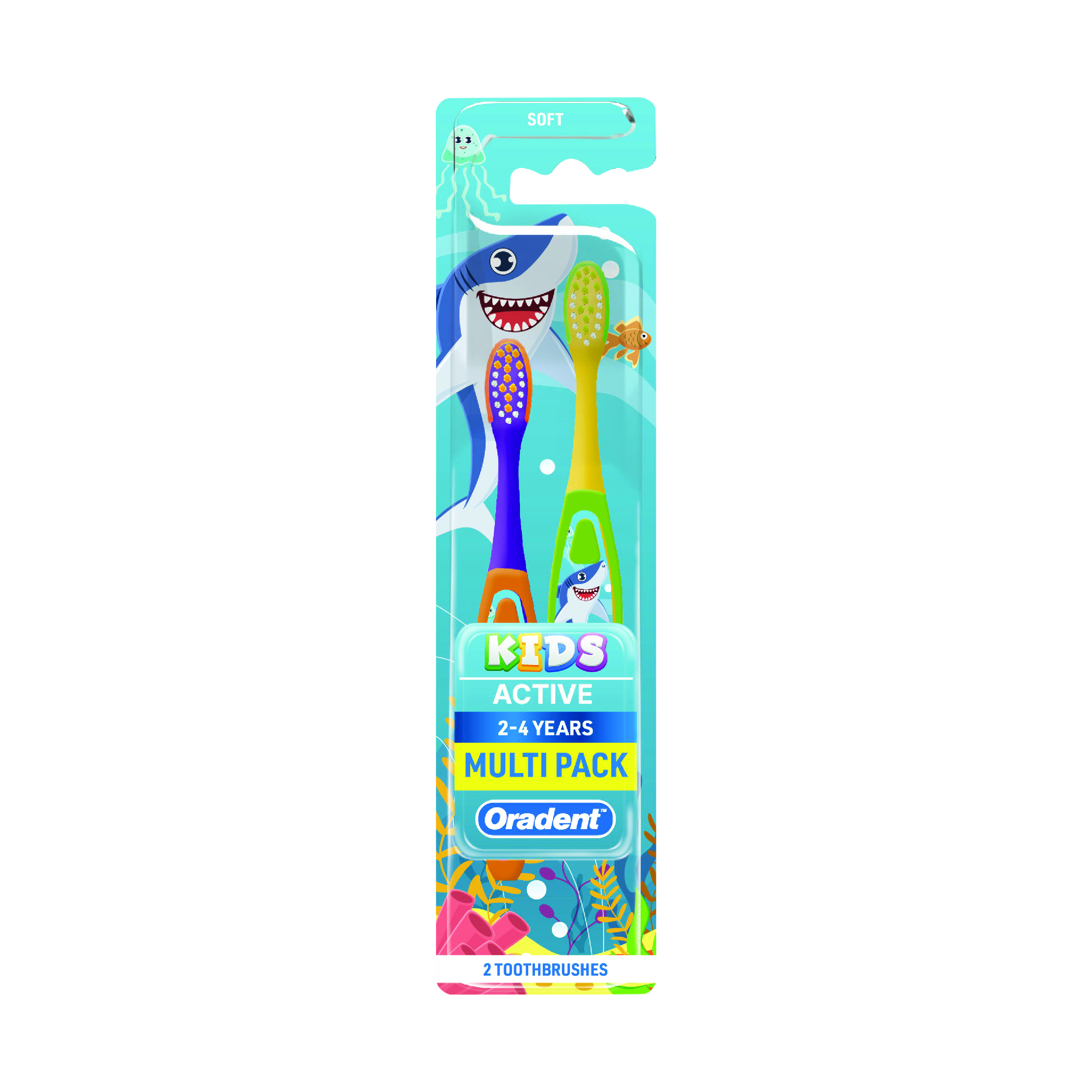 Oradent Kids Active Toothbrush 2-4 Years, Soft Gentle Bristles, Anti-Slip Grip and Curved Neck, Pack of 2pcs