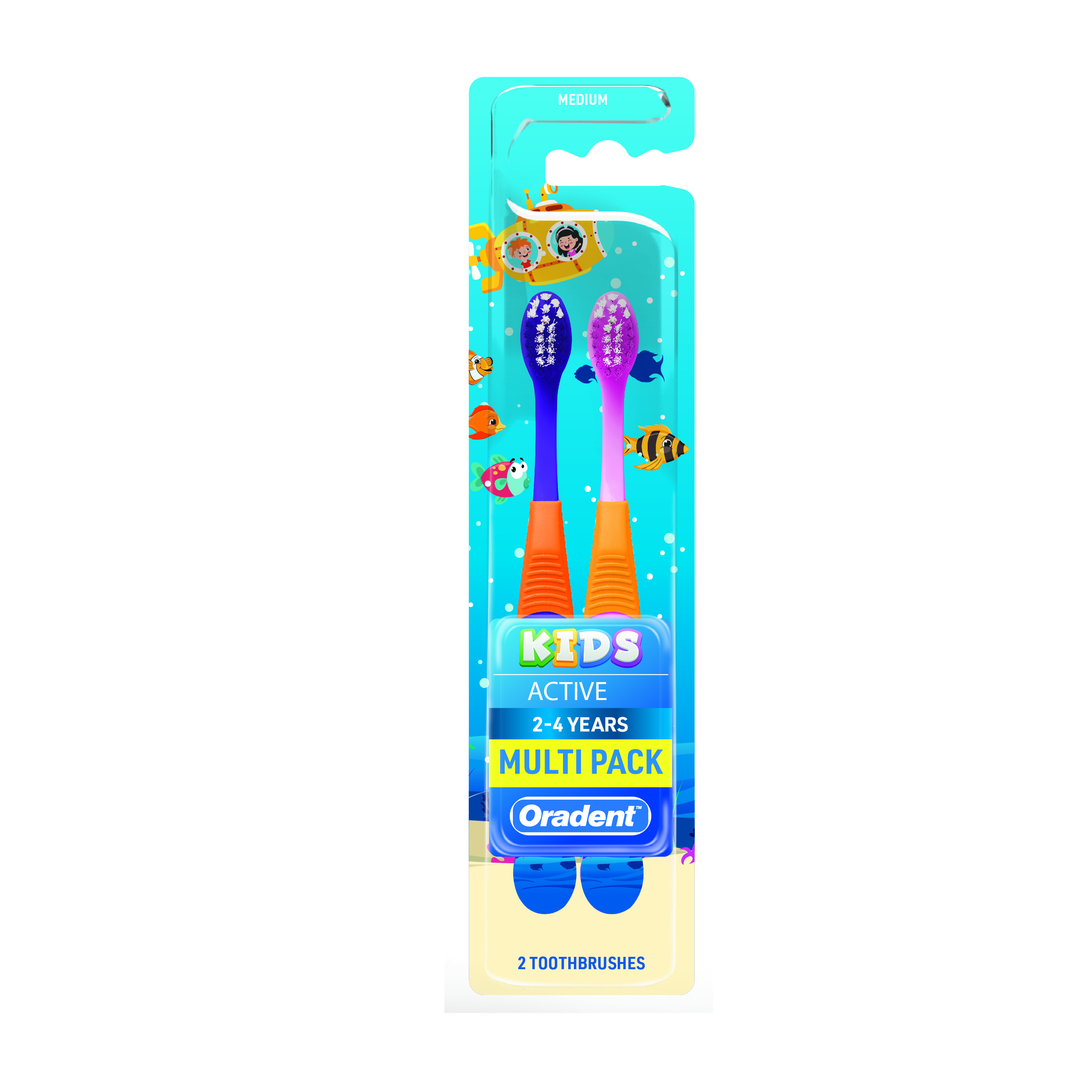 Oradent Kids Active Toothbrush 2–4 Years Medium, Wave Bristles, Non-Slip Handle and Extra Grip, Pack of 2pcs