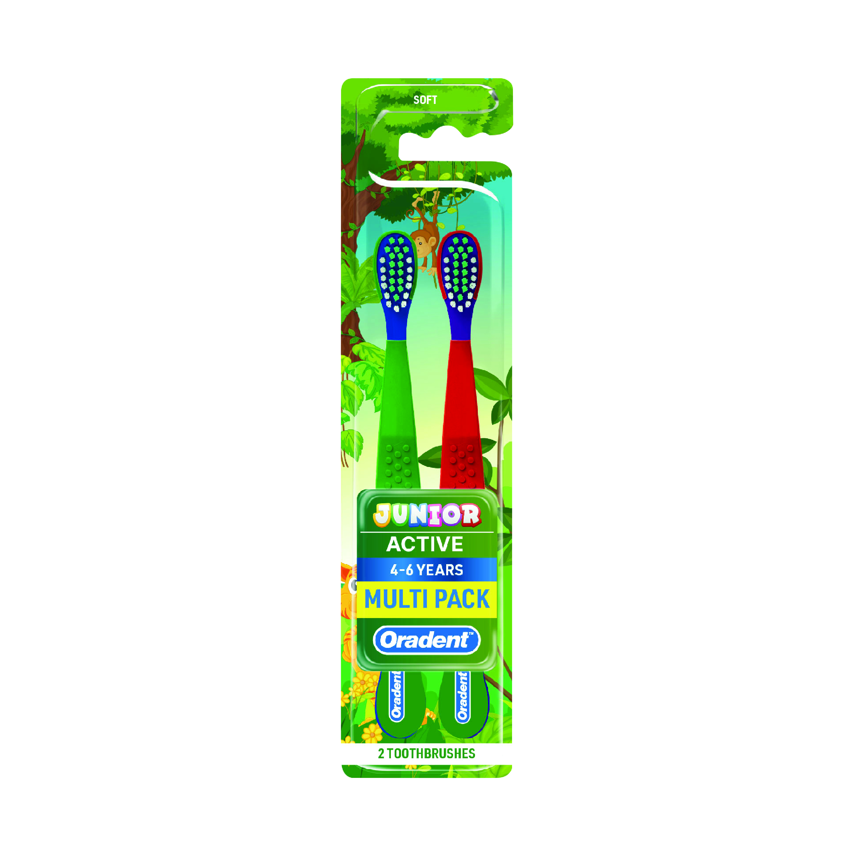 Oradent Junior Active Toothbrush 4-6 Years Soft, Kids Oral Care with Anti-Slip Grip, Tongue Cleaner, Pack of 2pcs
