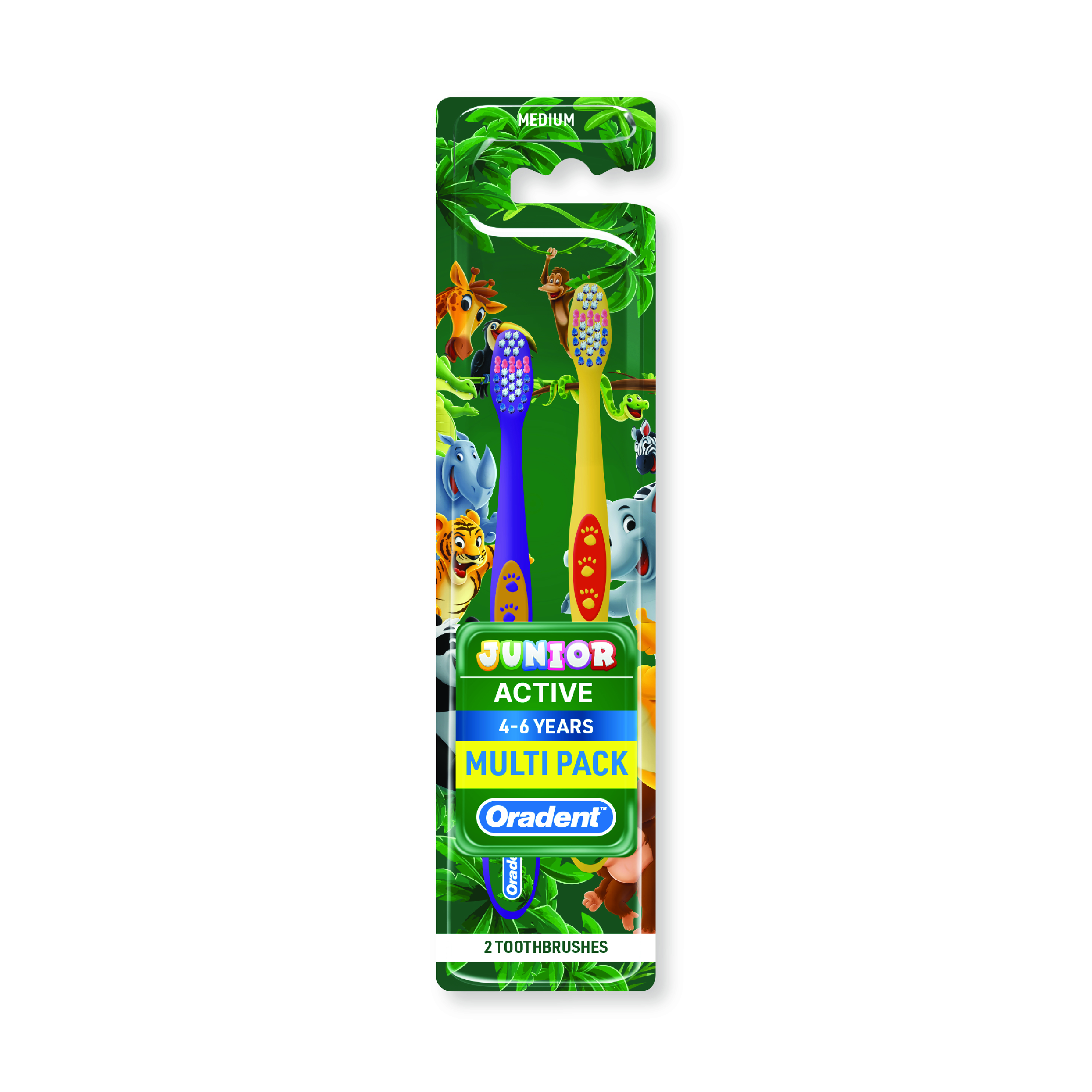 Oradent Junior Active Toothbrush 4-6 Years, Medium Gentle Bristles and Comfortable Grip for Kids, Pack of 2pcs