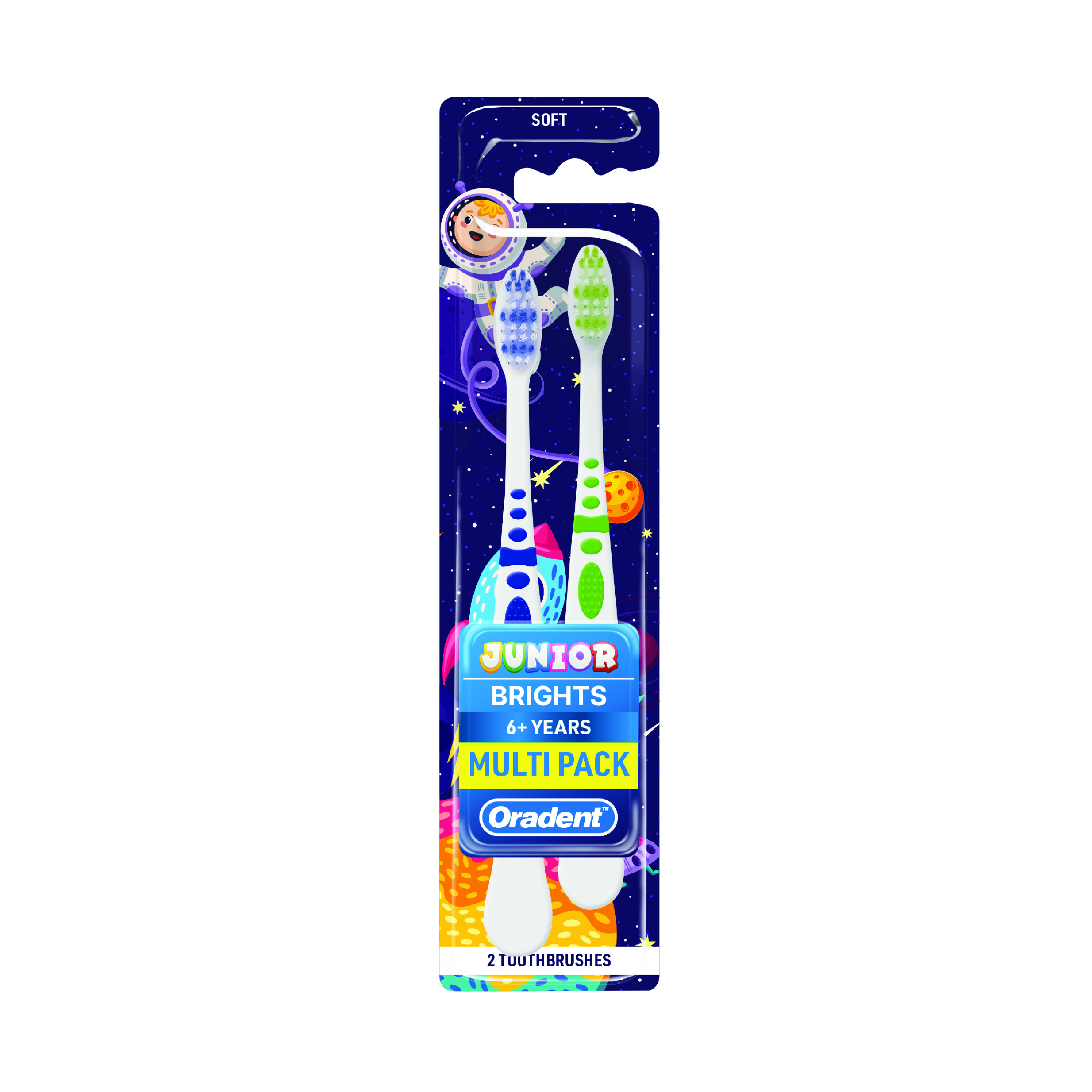 Oradent Junior Brights 6+ Years Toothbrush, Soft Gentle Zigzag Bristles and Anti-Slip Grip for Kids, Pack of 2pcs