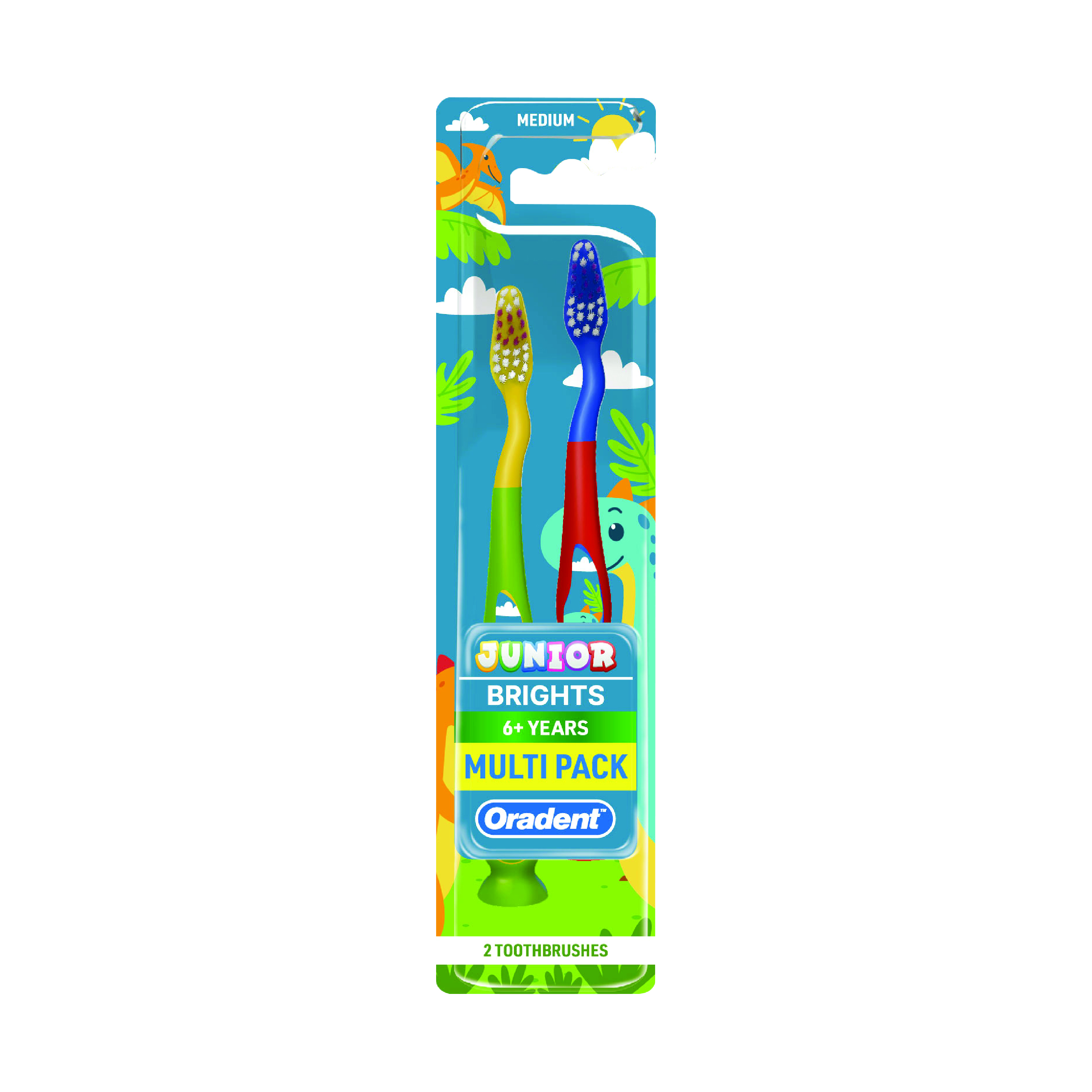 Oradent Junior Brights 6+ Years Toothbrush, Medium, Curved Handle, and Suction Base for Kids, Pack of 2pcs