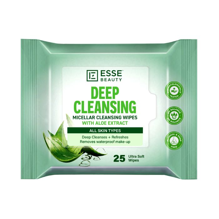 Esse Beauty Deep Cleansing Micellar Wipes, Aloe Vera, Waterproof Makeup Remover & Pore Purifying, 25s