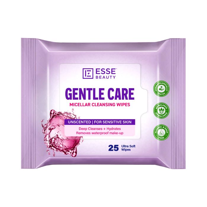 Esse Beauty Gentle Care Micellar Cleansing Wipes, Unscented, Sensitive Skin Makeup Remover with Aloe Vera, 25s