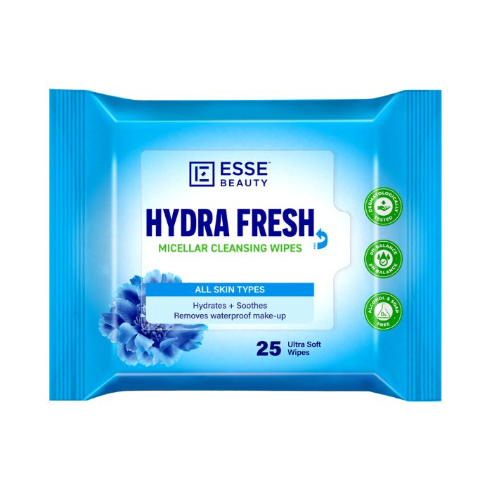Esse Beauty Hydra Fresh Micellar Cleansing Wipes, Hydrating Makeup Remover with Glycerin for All Skin Types, 25s