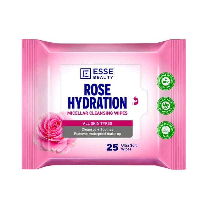 Esse Beauty Rose Hydration Micellar Cleansing Wipes, Hydrating Makeup Remover with Rose Extract & Glycerin, 25s