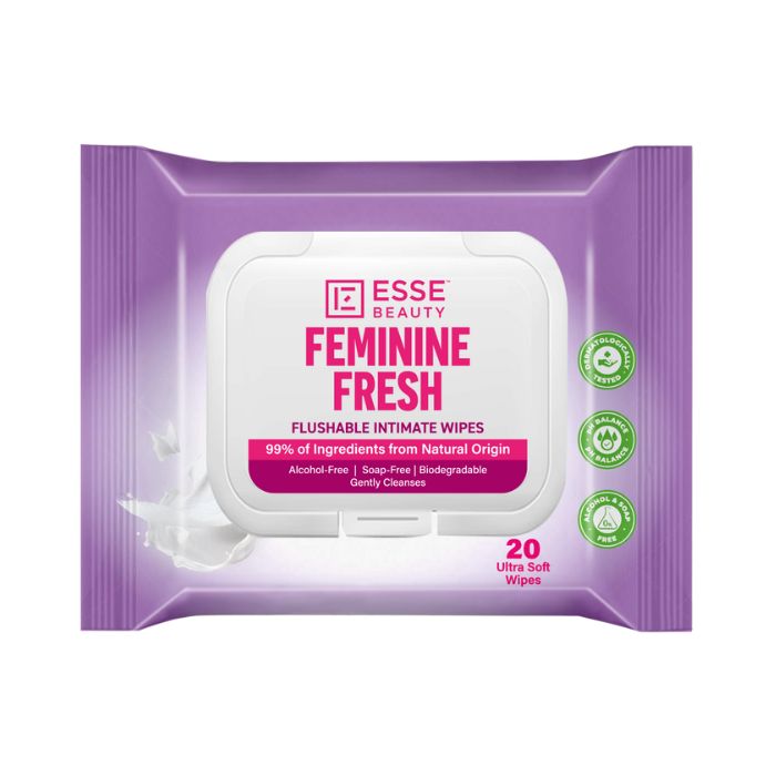 Esse Beauty Feminine Fresh Intimate Wipes, Flushable, Biodegradable Aloe & Chamomile Soothing Hygiene, 20s