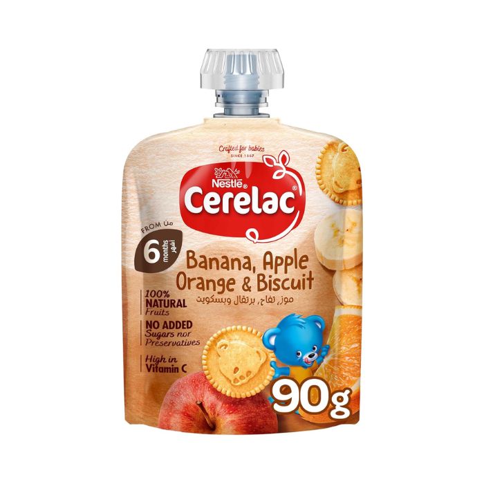 Cerelac Puree Baby Food Banana, Orange and Biscuit, 100% Natural Fruits, Fortified with Vitamin C, 90g