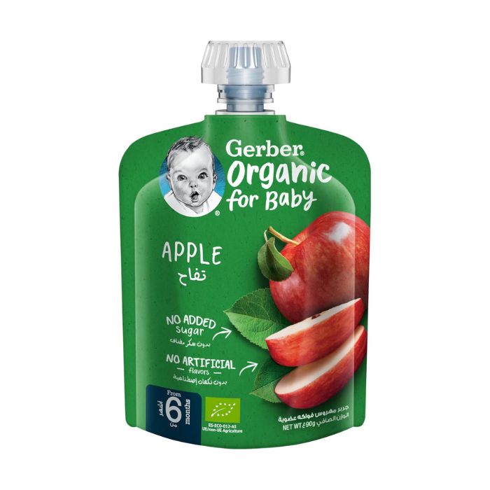 Gerber Organic Puree Baby Food Apple, 100% Organic Fruit Puree for Babies 6+ Months, No Added Sugar, 90g