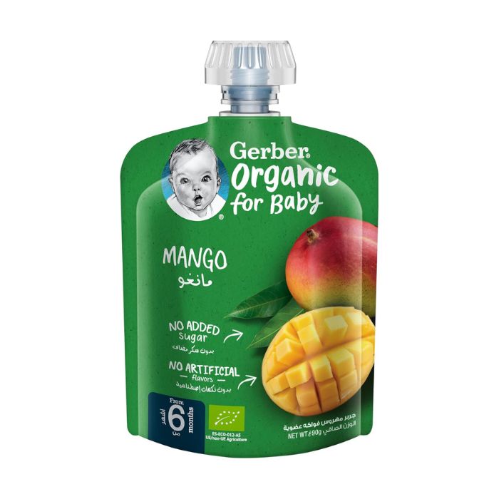 Gerber Organic Puree Baby Food Mango, 100% Organic Fruit Puree for Babies 6+ Months, No Added Sugar, 90g