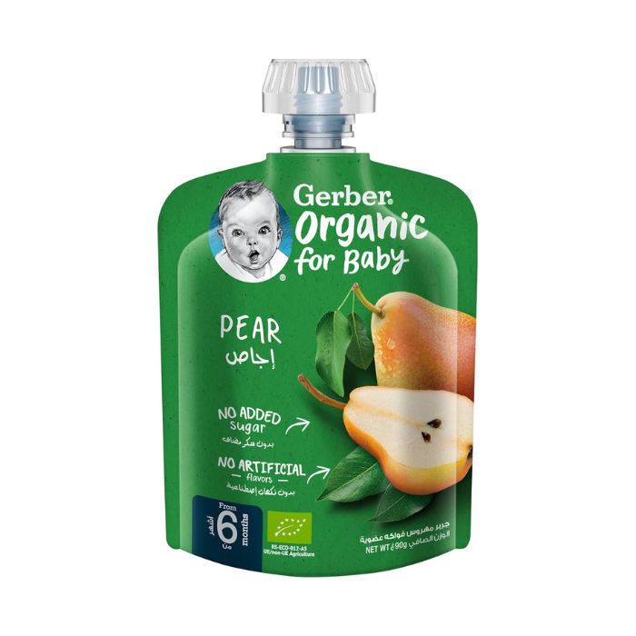 Gerber Organic Puree Baby Food Pear, 100% Organic Fruit Puree for Babies 6+ Months, No Added Preservatives, 90 g