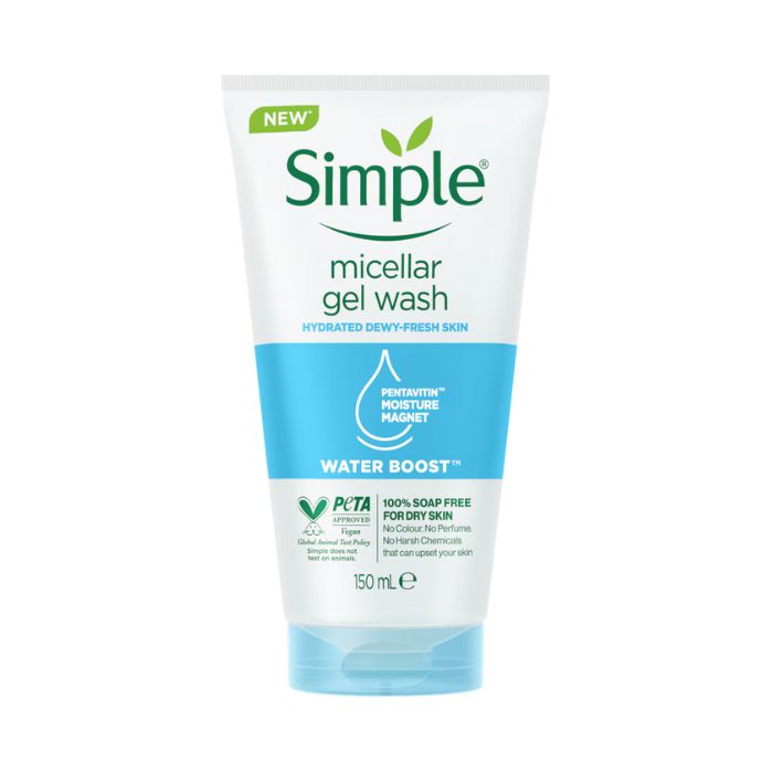 Simple Water Boost Micellar Gel Facial Wash, Hydrating Cleanser with Pentavitin For Dewy, Fresh Skin, 150ml