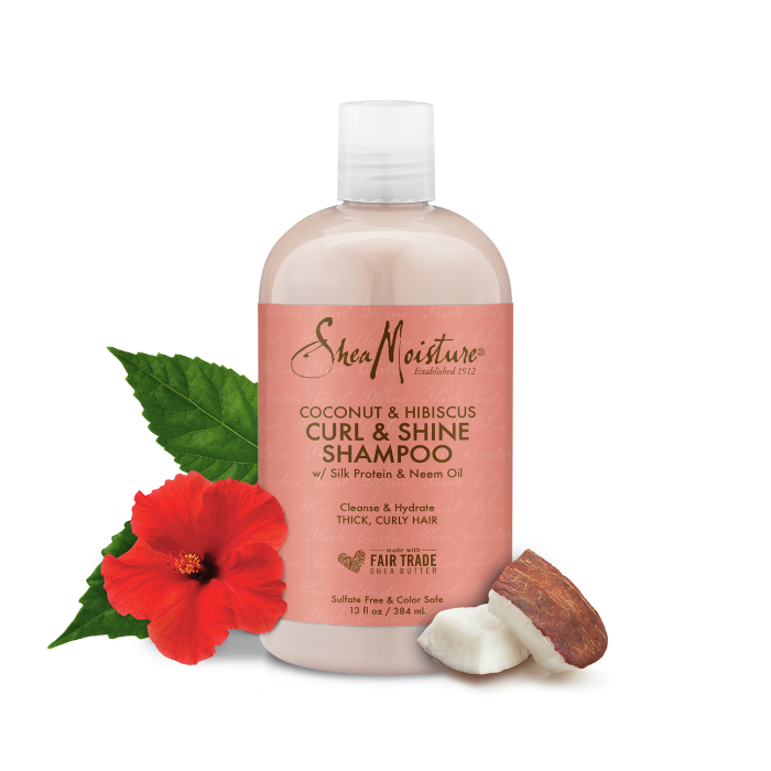Shea Moisture Coconut and Hibiscus Curl & Shine Shampoo, Sulphate-Free Cleanser for Curly and Thick Hair - 384ml