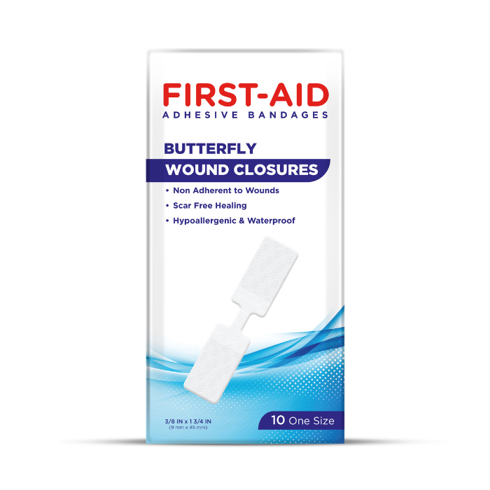 First Aid Butterfly Wound Closures 45x10mm, Sterile, Latex-Free Adhesive Strips for Minor Cuts - 10 Count