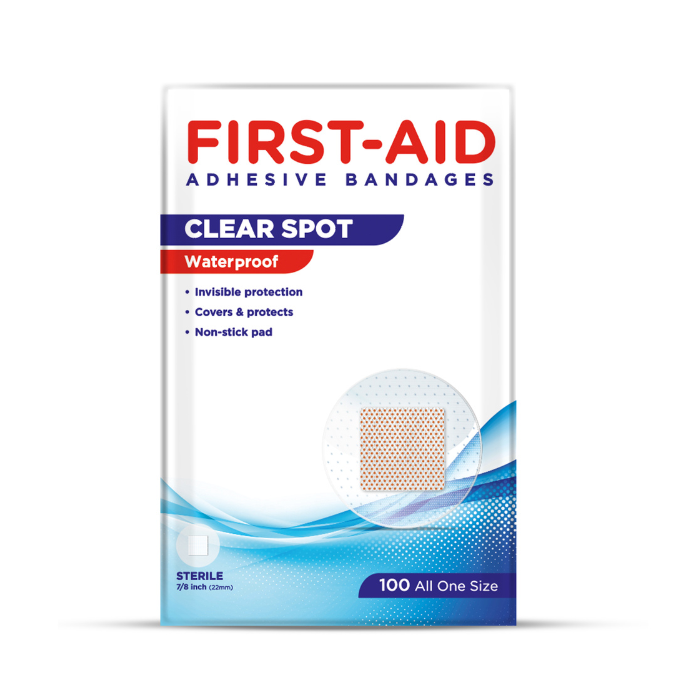 First Aid Clear Spot Waterproof Bandages 22mm, Sterile, Latex-Free, Invisible Protection - 100 Count