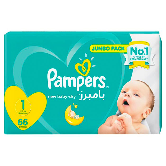 Pampers Baby Dry Newborn Diapers, Size 1, 25 kg, Jumbo Pack, 66 Diapers, with Wetness Indicator